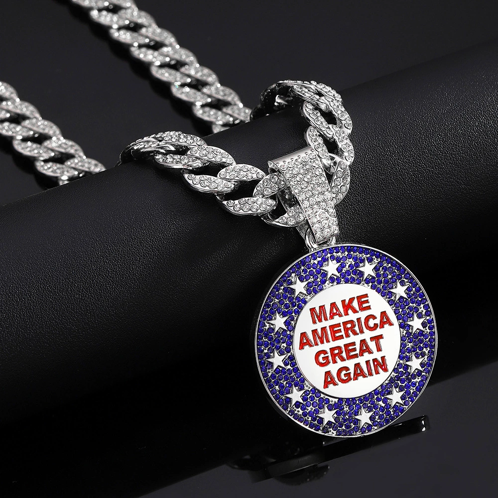Ожерелье, хип‑хоп подвес с полным инкрустацией «MAKE AMERICA GREAT AGAIN», золото/серебро, опция 18" кубинская цепь