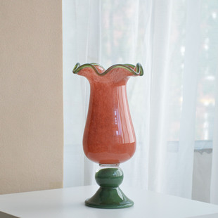 Cream Yellow Orange Dopamine Ins Style Vintage Tall High-End Emerald Green Lace Mouth Desktop Glass Vase