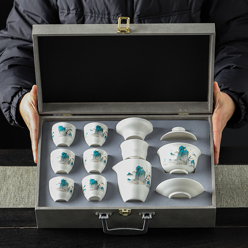 Suet-fat jade white porcelain tea set complete set business gift printing home office reception high-end tea set