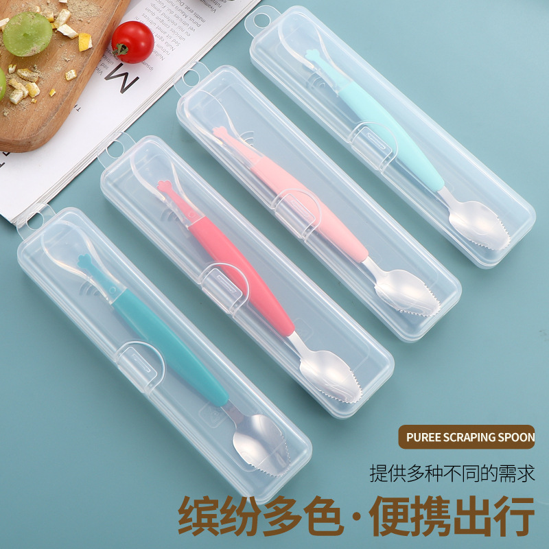 Baby Food Supplementary Spoon Newborn Double Head Mud Scraping Spoon Baby Silicone Food Supplementary Spoon 304 Stainless Steel Rice Paste Spoon