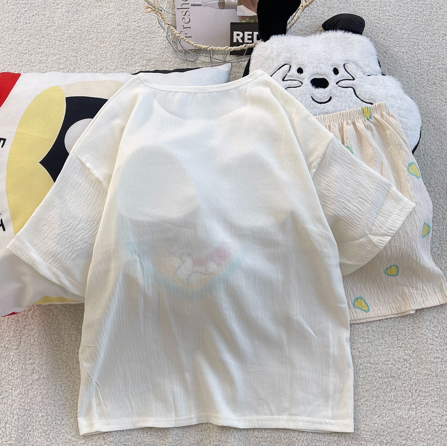 Venta al por mayor transfronteriza de pijamas con almohadillas para el pecho para mujeres pantalones cortos de manga corta de verano, lindo traje de servicio a domicilio coreano, nube de algodón