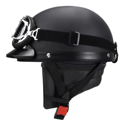 Motosiklet kaskı (dəbilqə) half helmet helmet leather helmet men's - matt-black-leather-helmet-harley-goggles-detachable-scarf