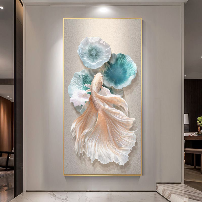 锦鲤入户玄关装饰画现代简约轻奢走廊过道壁画侘寂风茶室客厅挂画|undefined