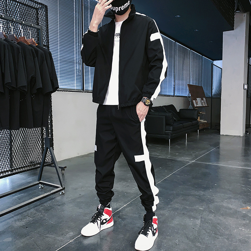 2024春秋跨境男士休闲运动服套装两件套印花LOGO一件印发光条|undefined