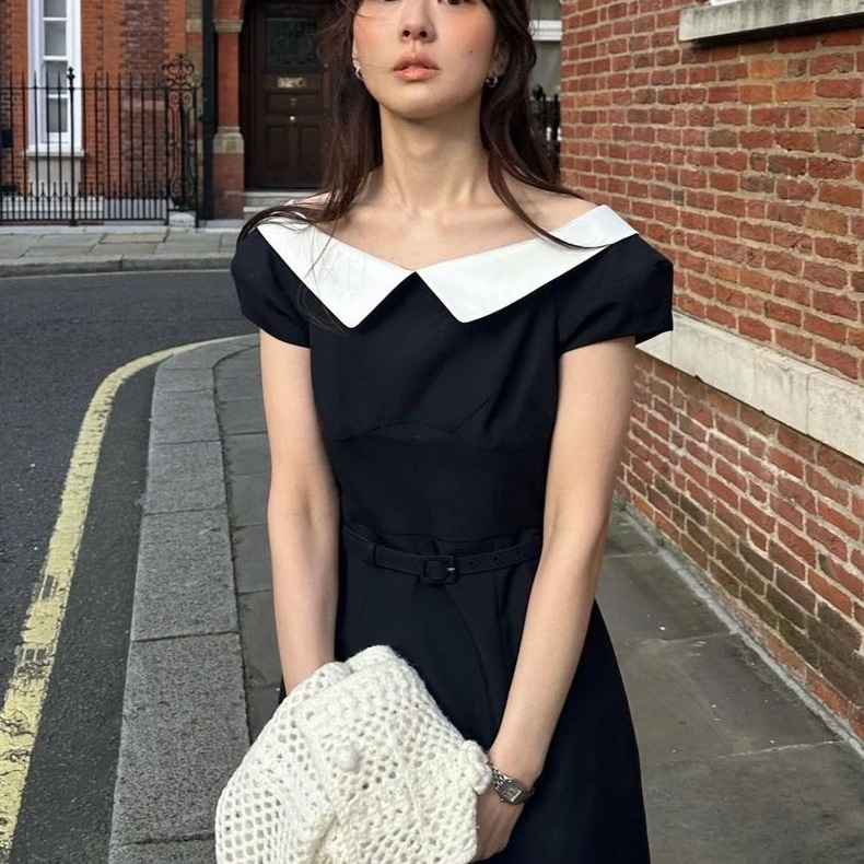 Spot 2025 Summer New Korean Dongdaemun Fl*Tta Elegant Lapel Short-Sleeved Waist Mid-Length Dress