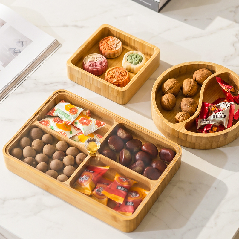 bandeja de té de bambú y madera, caja de almacenamiento de frutas secas para té hervido, bandeja de frutas dividida para bocadillos, dulces, semillas de melón, bandeja dividida image 3
