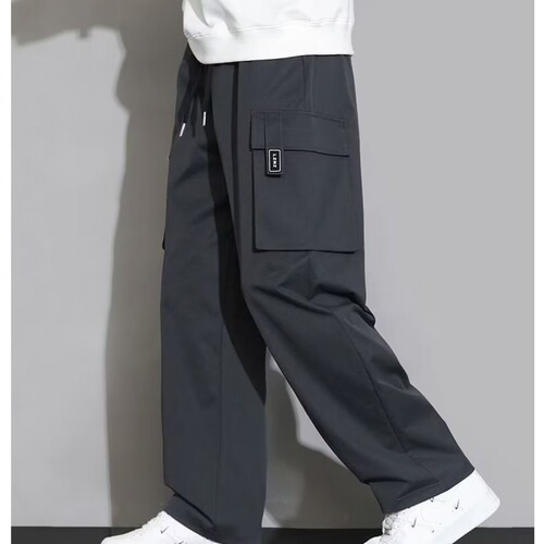 Long multi-pocket summer pants, casual loose-fit oversized men's straight-leg work pants, breathable for spring and autumn.