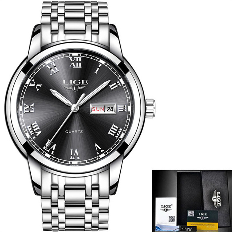 LIGE 9846-Semana banda de acero disco reloj de negocios elegante personalidad calendario hombres reloj casual transfronterizo