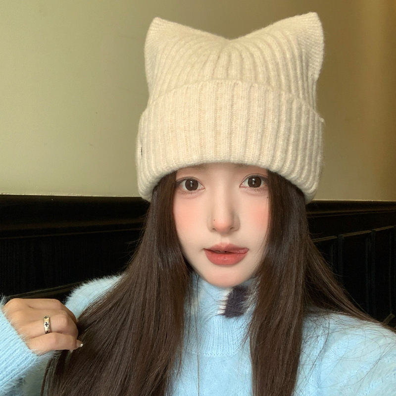 可爱猫耳朵针织毛线帽女秋冬防寒保暖针织帽大头围显脸小护耳帽子|undefined