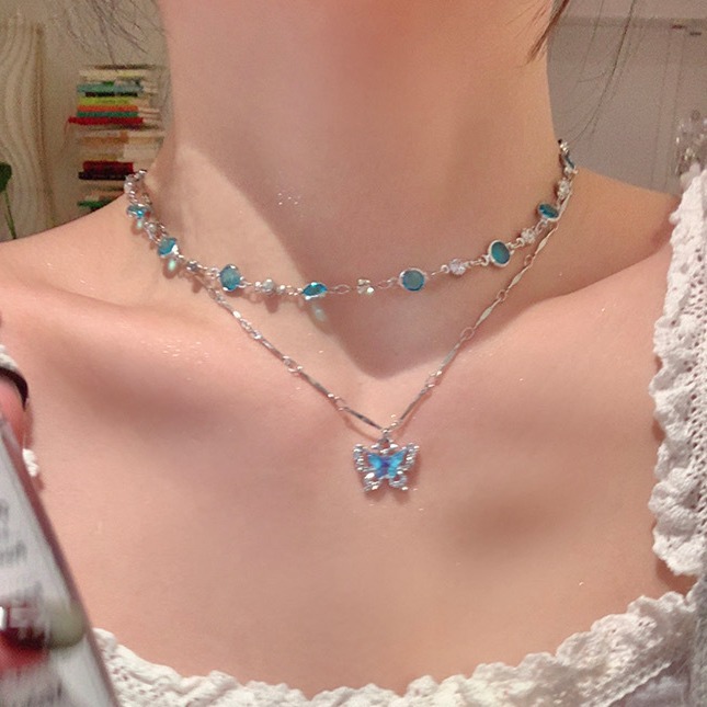 原創夏日清涼高級感雙層蝴蝶項鍊配飾女輕奢小眾鎖骨鏈頸鏈choker