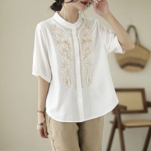 2023夏新款文艺棉麻复古民族风刺绣衬衫大码宽松减龄休闲立领衬衣