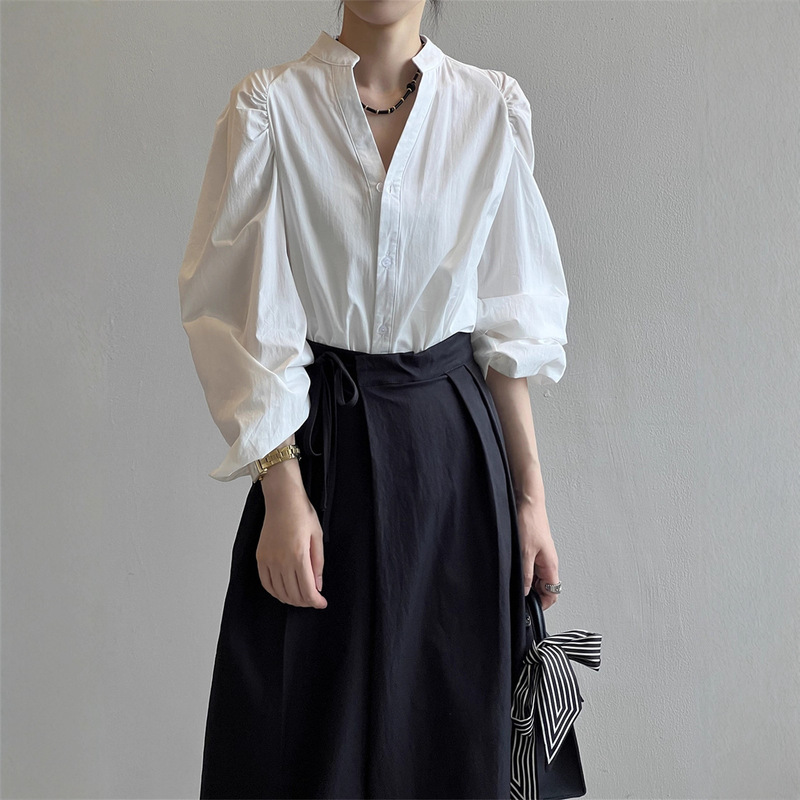 French Style Stand-Up Collar Long-Sleeved Shirt for Women 2025 Spring & Fall New Style Pleated Puff Sleeve Babydoll Chic Style Top