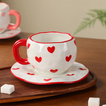 韩式ins风 手捏陶瓷心形咖啡杯子碟套装情侣爱心下午杯茶一杯一碟