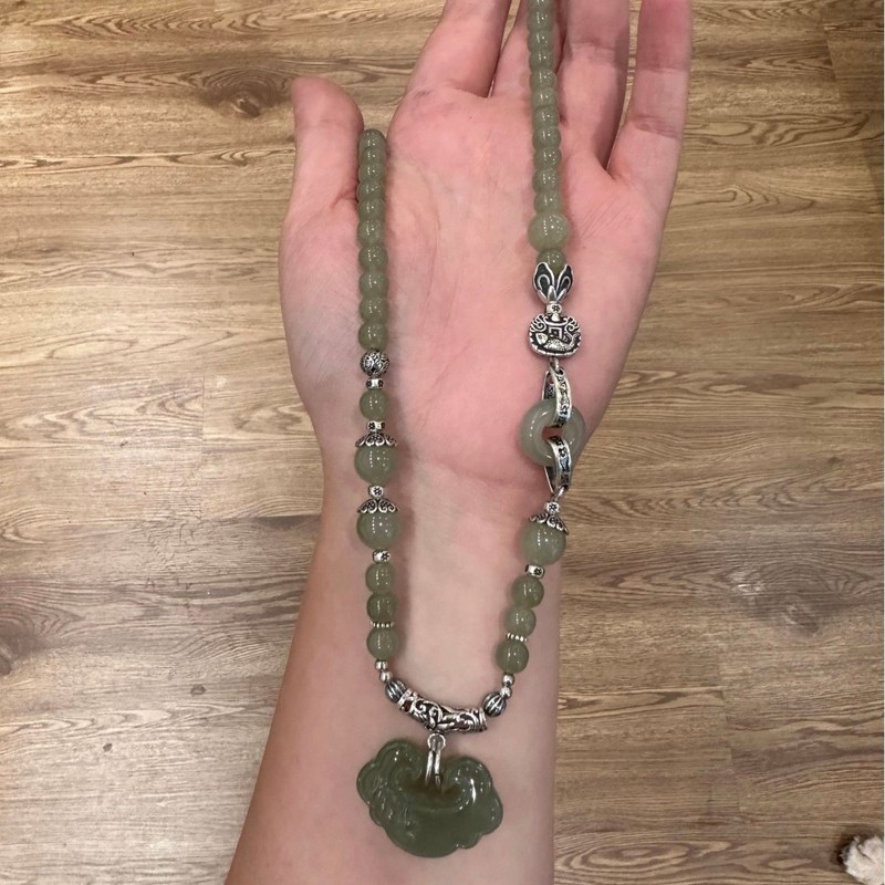 S925 シルバー和天翡翠オールドスタイルビーズ如意ロックラウンドビーズネックレス色は深くても薄くてもレトロなセーターチェーン|undefined