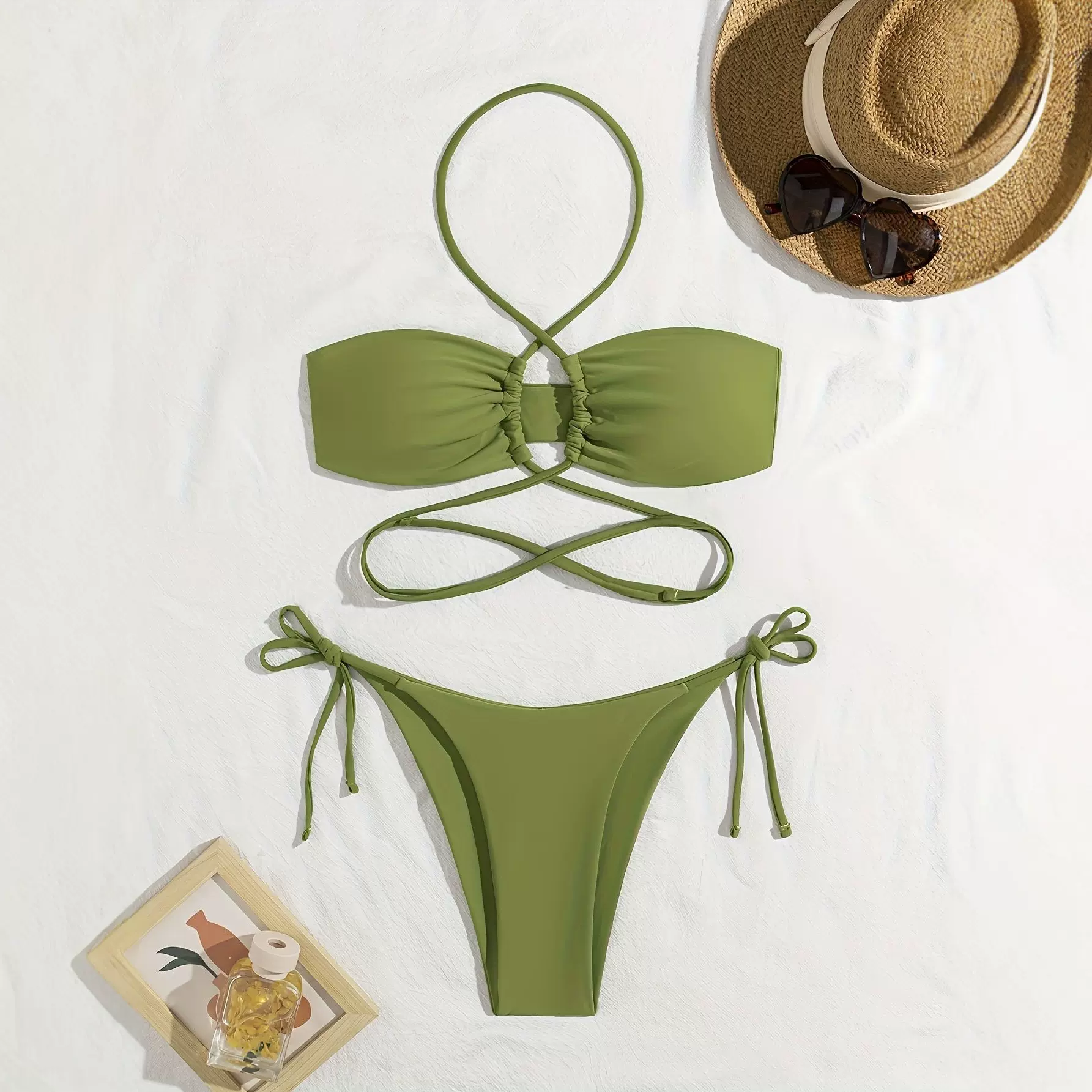 2025欧美性感纯色挂脖泳装系带丁字裤泳衣女士分体比基尼沙滩套装