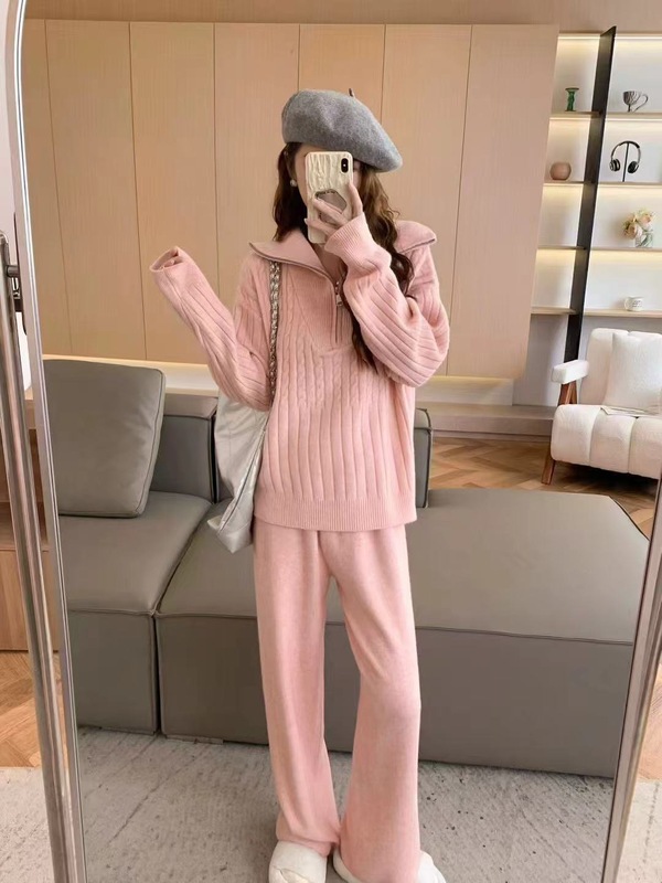 半拉链绞花针织套装女2025秋冬翻领毛衣＋高腰阔腿裤显瘦两件套|undefined