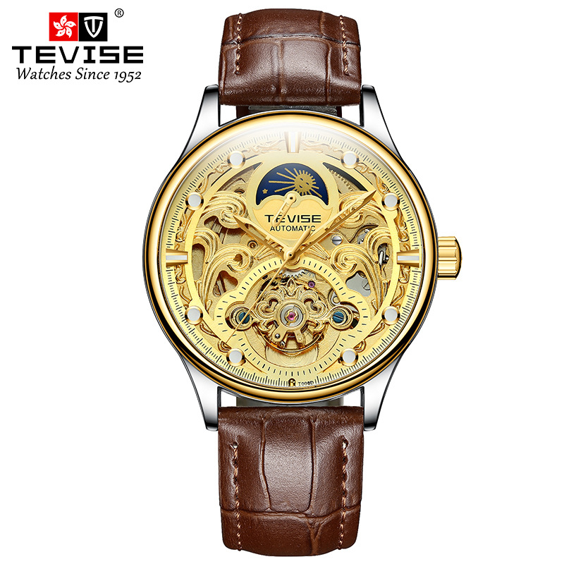 TEVISE reloj mecánico automático casual para hombres hueco transparente fase lunar volante reloj mecánico para hombres T820D