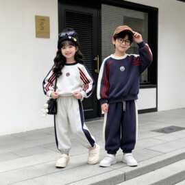 刺绣儿童休闲卫衣套装男女童秋款拼色运动两件套小学生学院风穿搭