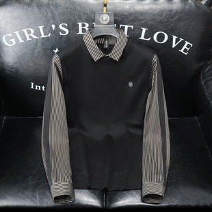 European 2024 Fall/Winter New Fake Two-Piece Stitching Sweater Shirt plus size Striped Slim-Fit Business Casual Base Shirt