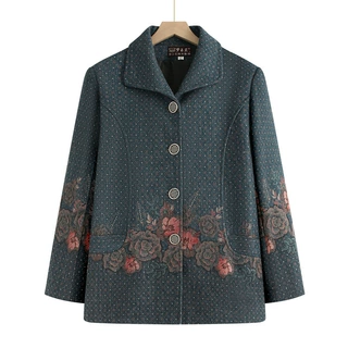 中老年女装春秋新款大码印花上衣女复古奶奶翻领唐装外套老人衣服