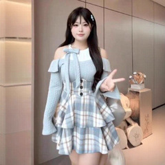 韩系风蓝色格纹连衣裙女2025秋冬季假两件拼接收腰短裙