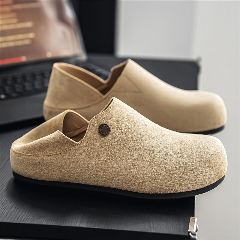 Giày lười nam bít mũi da lộn kiểu mule mũi tròn, gót vừa 3–5 cm, hai kiểu mang có thể kéo gót — Y6761 màu be, Y6761 màu kaki, Y6761 màu nâu cà phê