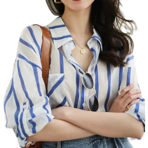 Retro versatile loose striped shirt 2025 spring and summer new design sense temperament sun protection top for women thin model