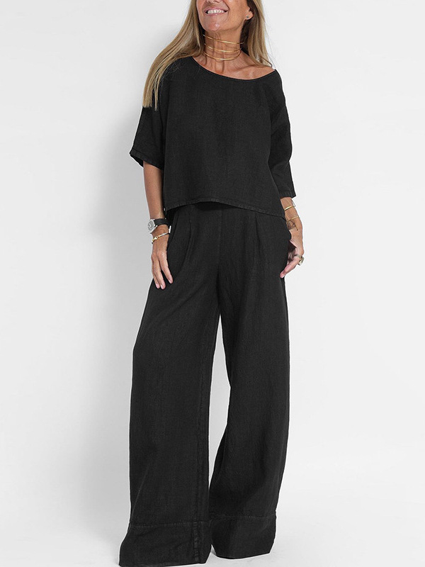 Casual Fashion Pocket Long Pants Beach Suit Spring Summer Short Sleeve Top Pullover Set Women Cotton Linen Solid Color Two-Piece