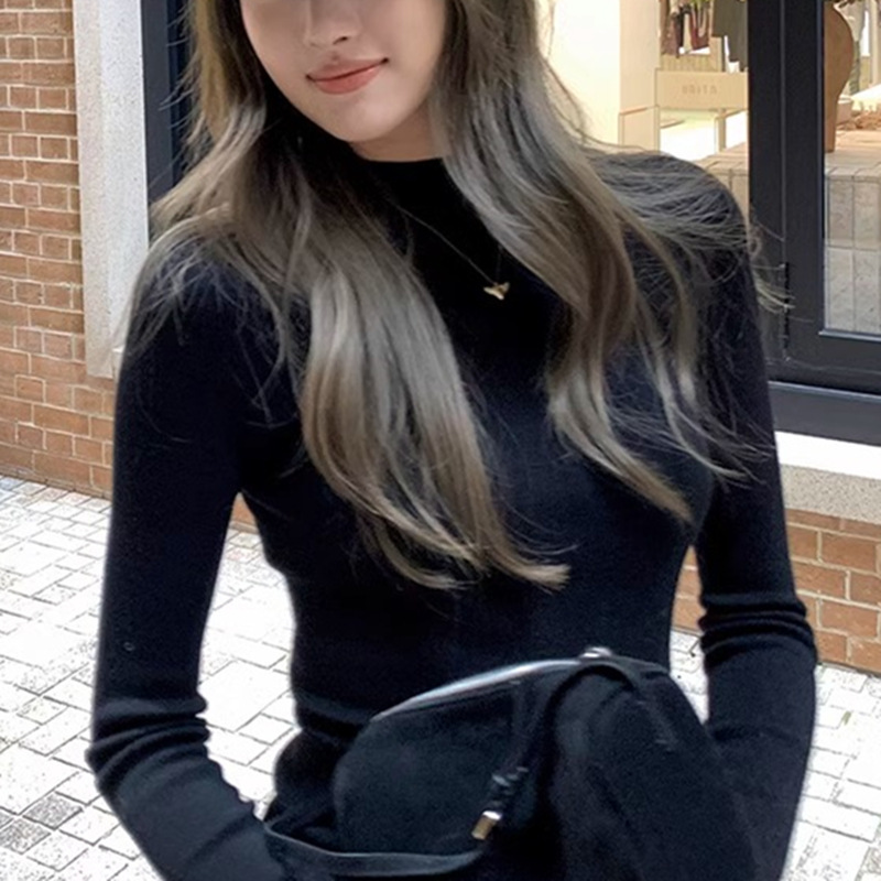 Temperament Aesthetics Worsted Wool All-in-One Machine Semi-High Collar Full Wool Base Shirt Women Autumn and Winter