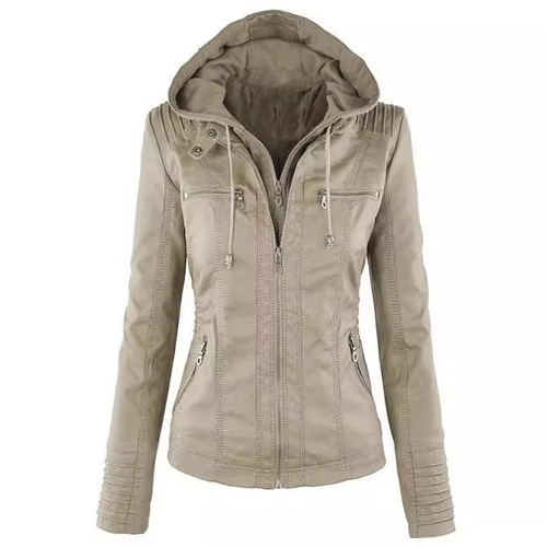 New Arrival European & American Style Women's Detachable Lapel Long-Sleeve Solid-Color Zip-Up Leather Jacket—Motorcycle-Inspired Outerwear
