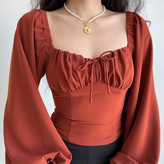 Plus Size Women's Clothing European and American Style Low-Cut Square Collar Lantern Sleeve Shirt Autum Slimming Look Sexy Long-Sleeved Top