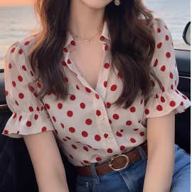 2025夏季新款甜美上衣气质减龄红色波点泡泡袖衬衫女