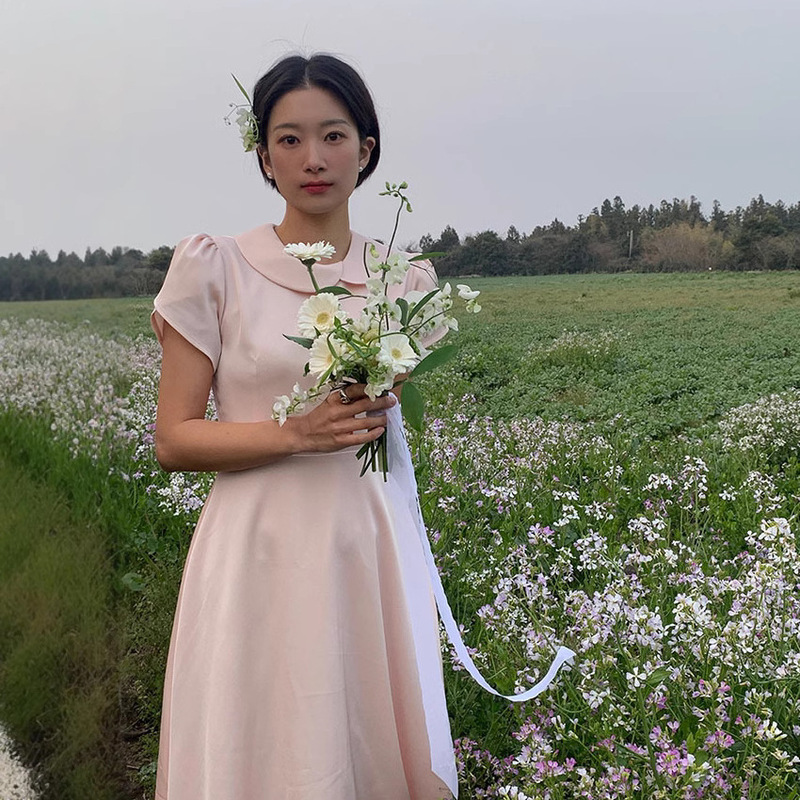 Now h solid color doll collar waist slimming short sleeve dress 2025 summer women's minority sweet a-line skirt hmo * e Now h solid color doll collar waist slimming short sleeve dress 2025 summer women's minority sweet a-line skirt hmo * e