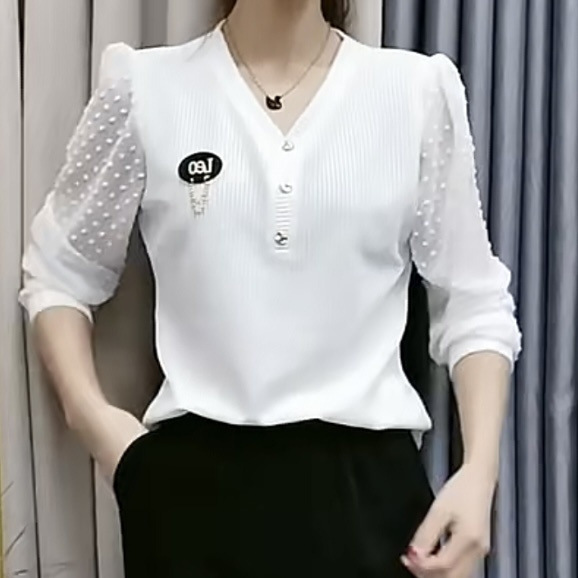 2025 春夏新作無地長袖シャツ女性のための韓国スタイルルーズ痩身 V ネック高弾性軽量ニットボトムシャツ|undefined