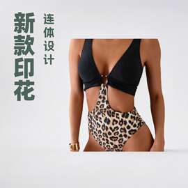 2026亚马逊跨境新款欧美性感豹纹拼接吊带比基尼休闲连体泳衣套装