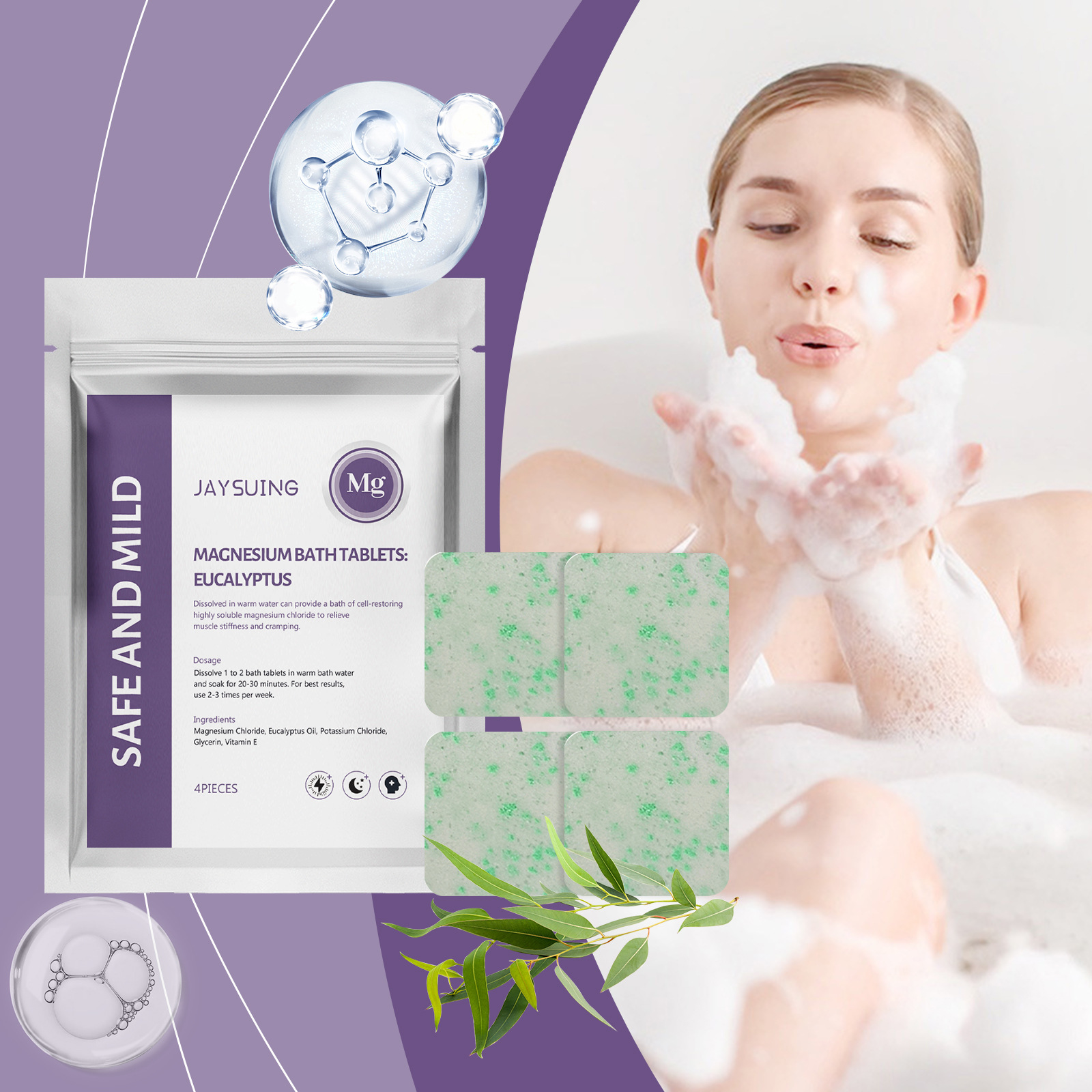 Eucalyptus Essential Oil Magnesium Bath Tablets, Gentle Body Cleansing, Nourishing Skin, Moisturizing Body Bath Tablets_voghion.com