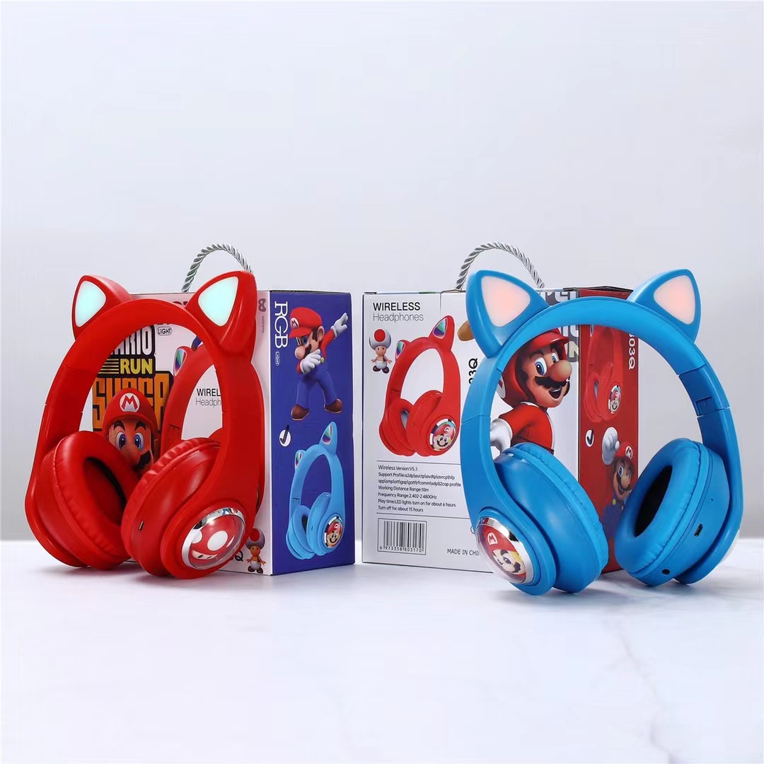 Comercio exterior AH-803Q oídos de gato Mario auriculares Bluetooth inalámbricos auriculares estéreo plegables de dibujos animados image 2