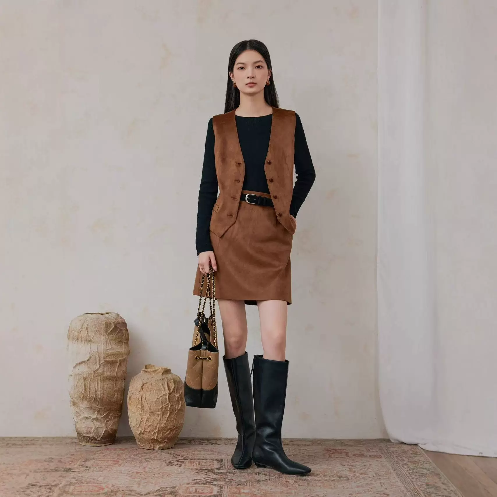 秋季新款复古老钱麂皮小版通勤气质感套装马甲女