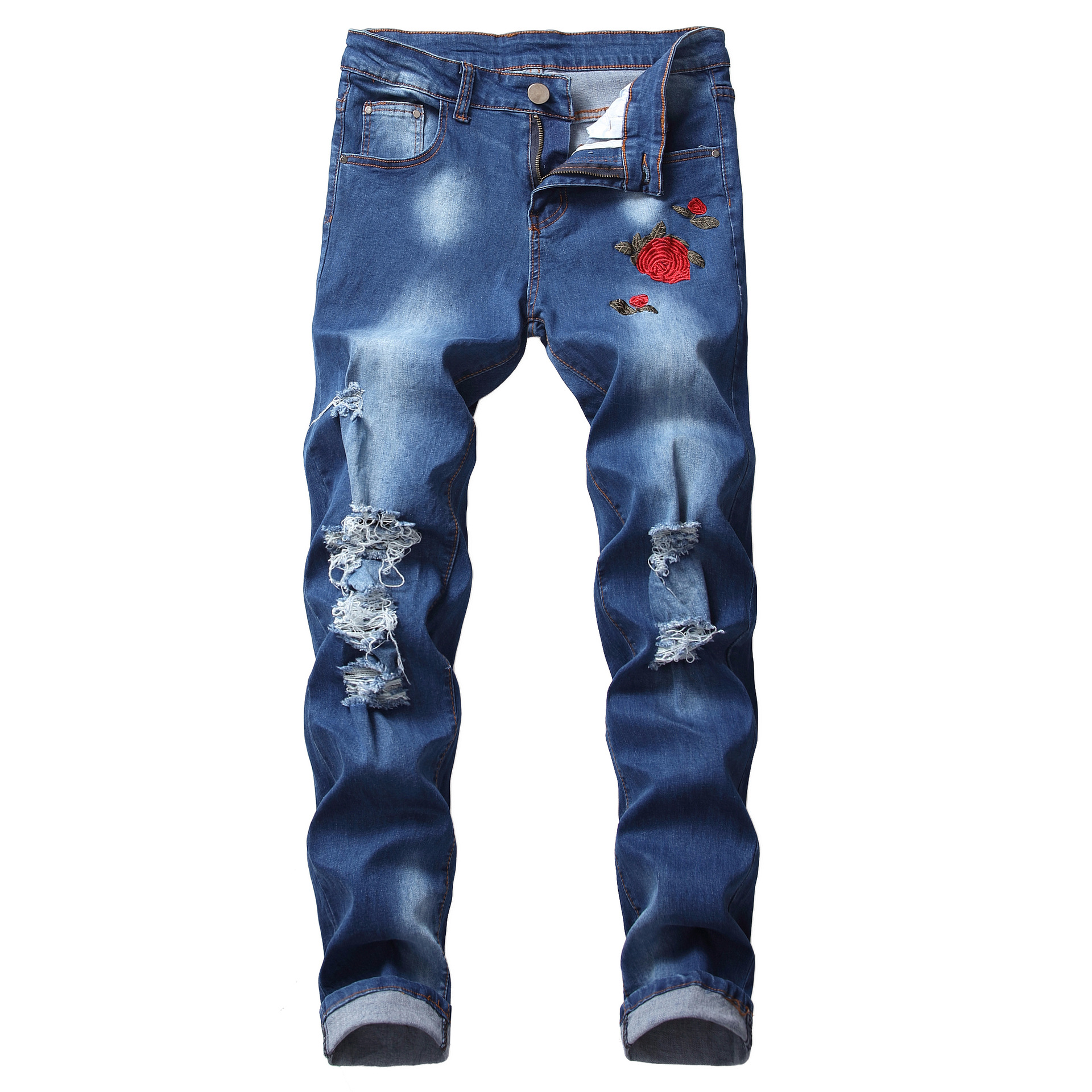 Men's Slim Fit Rose Embroidered Light Blue Stretch Denim Jeans_voghion.com