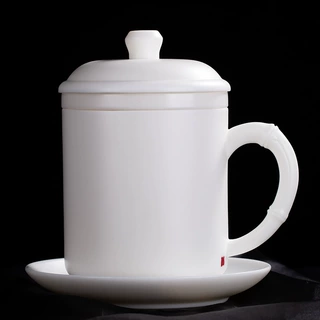 张国进竹节把手陶瓷水杯茶水分离带盖马克杯素烧羊脂玉瓷办公杯