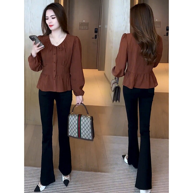 Stylish and youthful casual shirt set for women, 2026 early autumn new collection, high-waisted, slimming, and slightly flared pants, two-piece outfit Stylish and youthful casual shirt set for women, 2026 early autumn new collection, high-waisted, slimming, and slightly flared pants, two-piece outfit