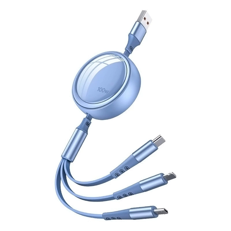 Выдвижной кабель для зарядки 100 Вт 3-в-1, длина 1.2 м, USB/Type-C/Lightning, несколько вариантов питания