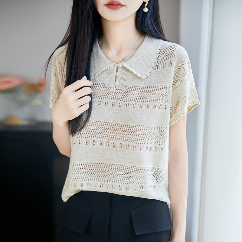 法式镂空提花翻领针织短袖T恤女夏季薄款显瘦时尚休闲修身上衣潮