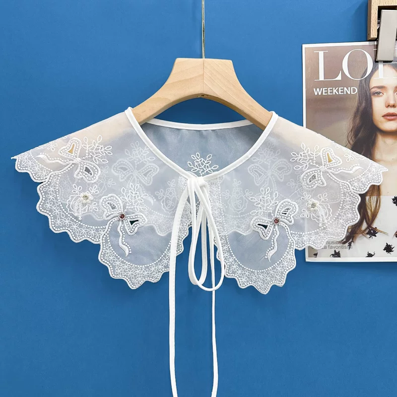 Factory wholesale ecommerce white beaded embroidery false collar new style outer with dress shawl collar decoration