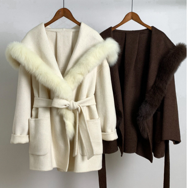 New Autumn/Winter Women's Wool Coat with Real Fox Fur Collar, Mid-Length Navy Collar Shawl, Thick Woolen Overcoat