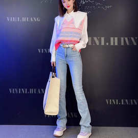 春季洋气炸街时尚V领马甲两件套2023 新款针织衫背心潮牛仔裤套装
