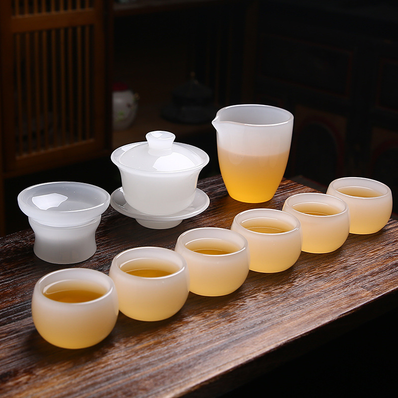 High-End Crystal Colored White Jade Porcelain Cup with Glass Lid Bowl, Master Cup, Kung Fu Tea Set Gift Box