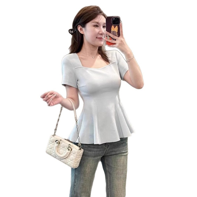 120kg 大きいサイズスクエアネックショルダー半袖 Tシャツ女性の夏の太った mm お腹カバー痩身フリルトップフィッシュテールスカート|undefined