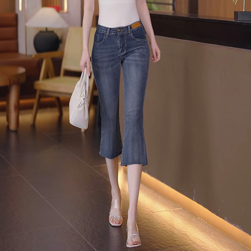 High-Waisted Denim Jeans, Micro-Flared Cropped Pants, Bell-Bottom Pants, Summer Slimming New Style, Elastic Thin Style, Slim Fit for Small People
