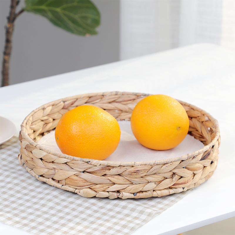 北欧水葫芦草收纳筐圆形草编杂物整理置物篮水果面包篮跨境现货